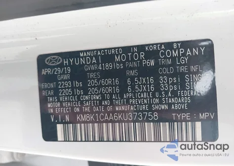 2019 Hyundai Kona Se z USA, uszkodzony, nr VIN KM8K1CAA6KU373758